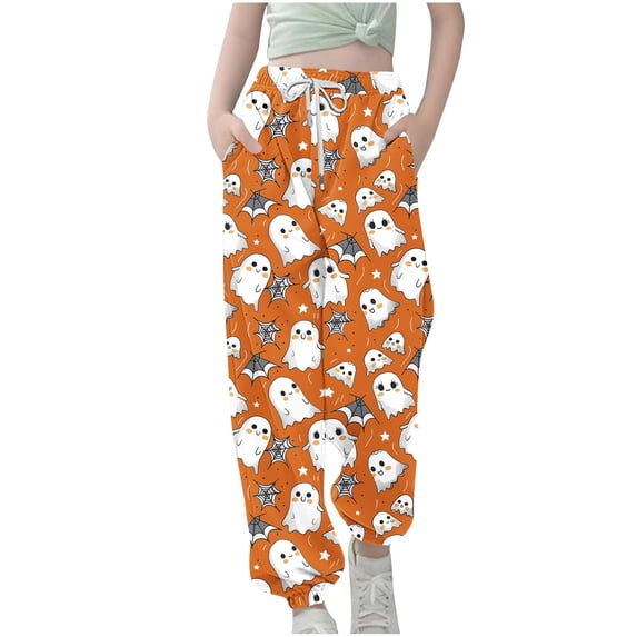 ZGRBOU Girls' Cute Ghost Halloween Jogger Pants Elastic High Waisted Drawstring Sweatpants Casual Wide Leg Trousers with Pockets