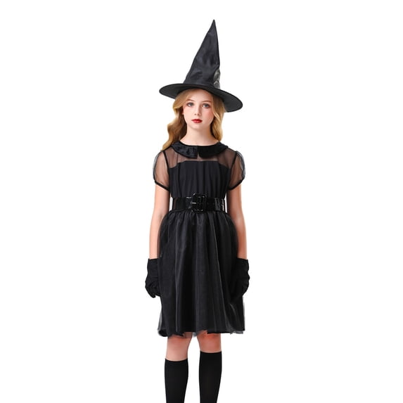 ZGRBOU Girls' Halloween Witch Costume with Pointed Hat Sheer Mesh Tulle Short Sleeve Dress Black Deluxe Cosplay Outfit