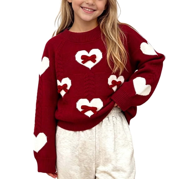 ZGRBOU Girls' Long Sleeve Pullover Sweaters Cute Heart Cable Knit Jumper Fasion Fall Winter Crewneck Loose Tops