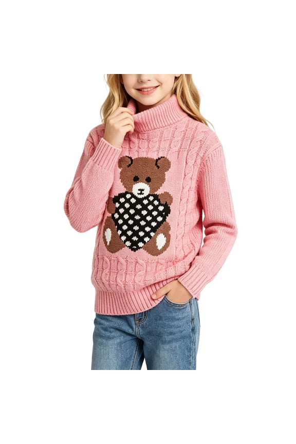 Girls Teddy Bear Sweater Cute Turtleneck Long Sleeve Chunky Tops Cozy Warm Cable Knit Pullover 2026 Fall Fasion