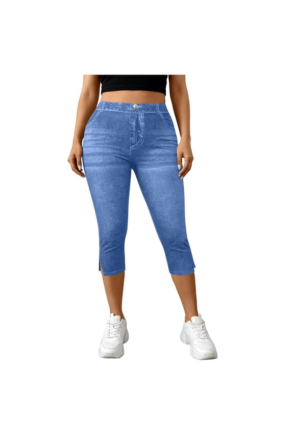High Waist Butt Lifting Pants for Women Faux Denim Capris Pants Stretchy Tummy Control Slim Fit Jeggings