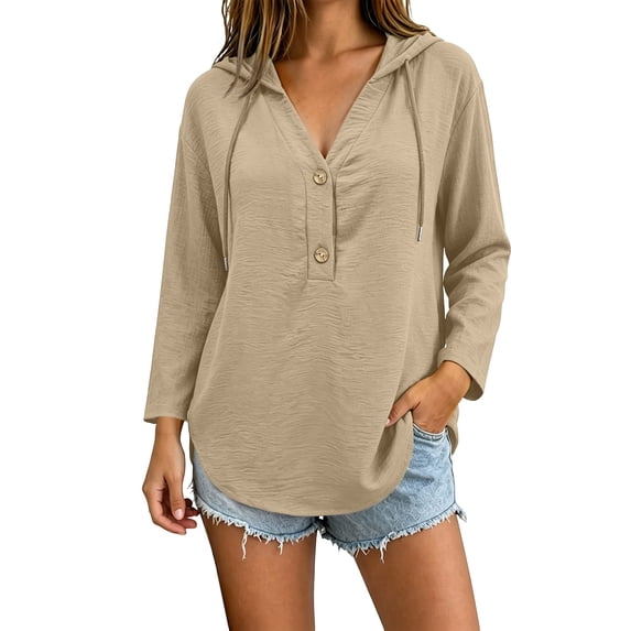 ZGRBOU Hoodies for Women V Neck Button Hooded Sweatshirts Roll Up Loose Cute Tops Cozy Lightweight Long Sleeve Tunic Shirts