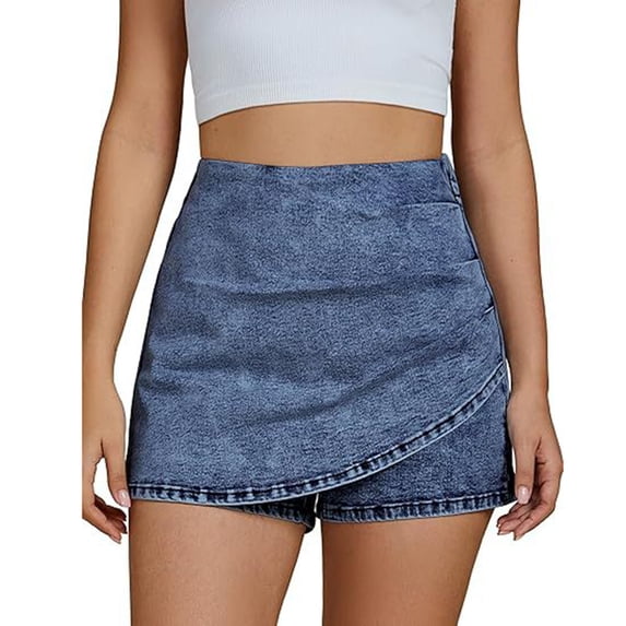 ZGRBOU Jean Skorts for Woman High Waisted Pull On Casual Stretch Denim Skirt with Shorts Trendy Asymmetrical Wrap Skort