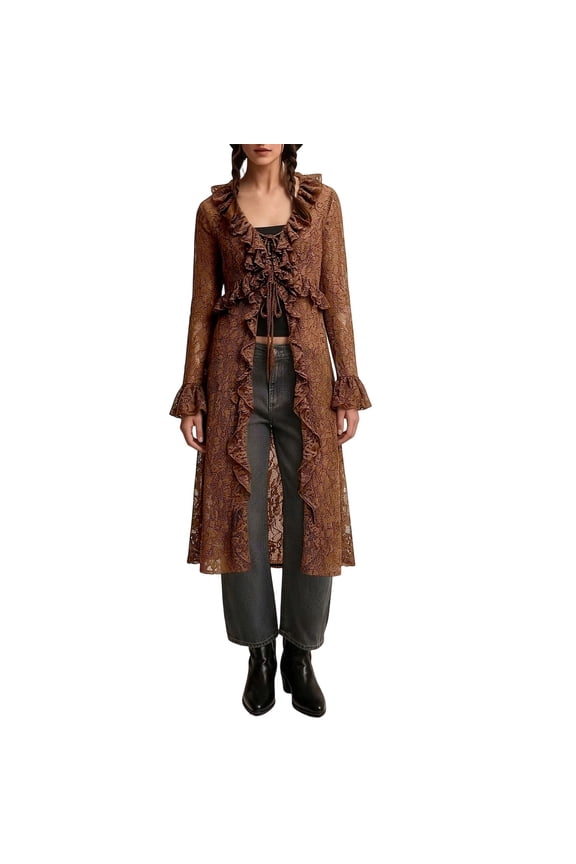 Lace Duster Cardigan for Women Sheer Mesh Tie Front Tops Flowy Ruffle Long Sleeve Summer Lightweight Cover Up