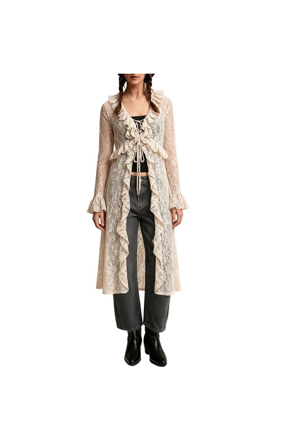 Lace Duster Cardigan for Women Sheer Mesh Tie Front Tops Flowy Ruffle Long Sleeve Summer Lightweight Cover Up