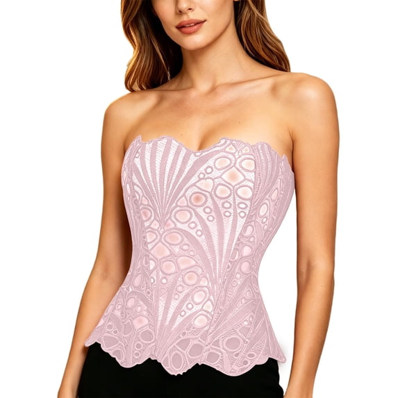 ZGRBOU Lace Up Corset Top for Women Floral Textured Strapless Bustier Waist Cincher Overbust Party Going Out Top