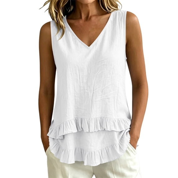 ZGRBOU Layered Ruffled Tank Tops for Women Summer V Neck Sleeveless Pleated Shirts Casual Loose Flowy Boho Tunic Tops