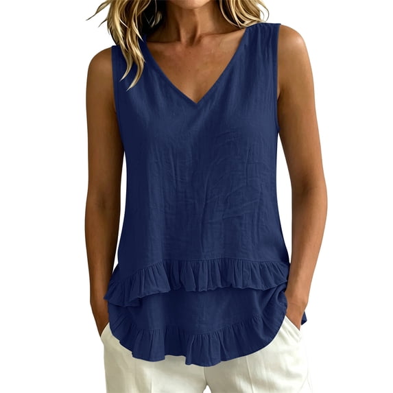 ZGRBOU Layered Ruffled Tank Tops for Women Summer V Neck Sleeveless Pleated Shirts Casual Loose Flowy Boho Tunic Tops