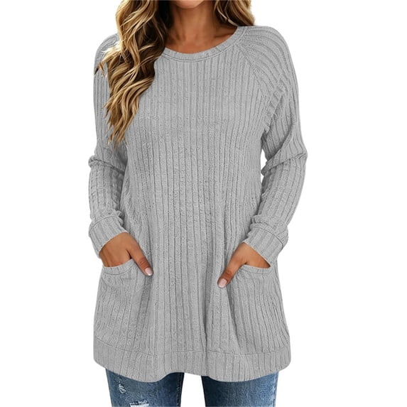 ZGRBOU Long Sleeve Tunic Tops for Women Crewneck Ribbed Knit Sweater Fall Casual Loose Fit Pullover Shirts with Pockets