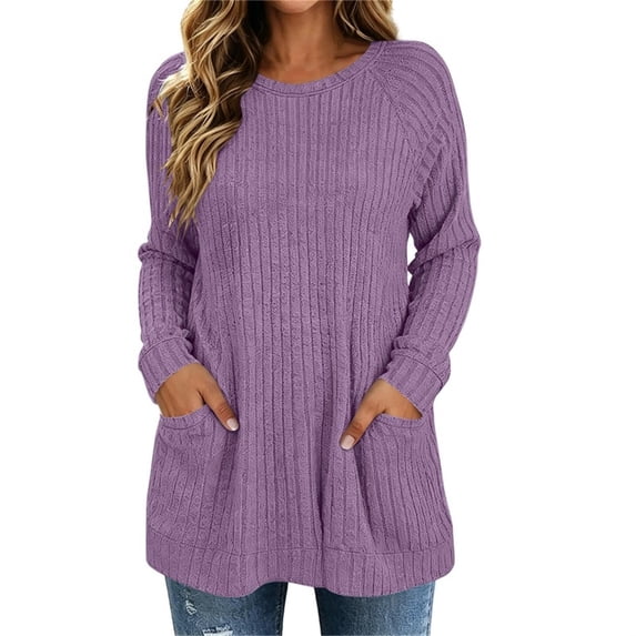 ZGRBOU Long Sleeve Tunic Tops for Women Crewneck Ribbed Knit Sweater Fall Casual Loose Fit Pullover Shirts with Pockets