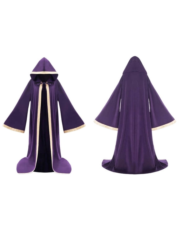 Medieval Wizard Hooded Robe Faux Suede Long Sleeves Cloak Halloween Vampire Witch Cloak Fancy Cosplay Costume