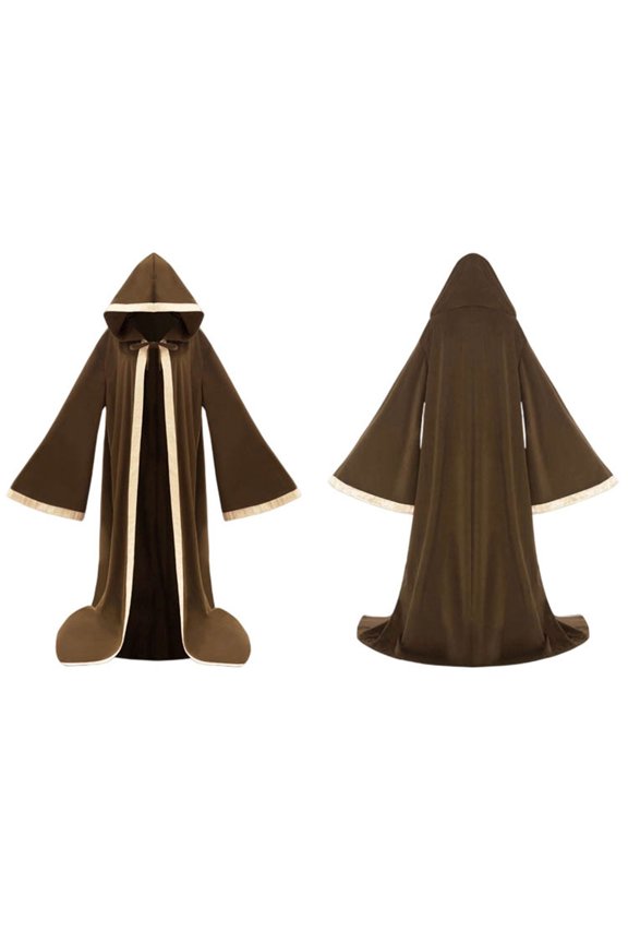 Medieval Wizard Hooded Robe Faux Suede Long Sleeves Cloak Halloween Vampire Witch Cloak Fancy Cosplay Costume