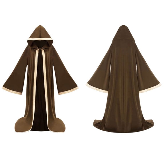 ZGRBOU Medieval Wizard Hooded Robe Faux Suede Long Sleeves Cloak Halloween Vampire Witch Cloak Fancy Cosplay Costume
