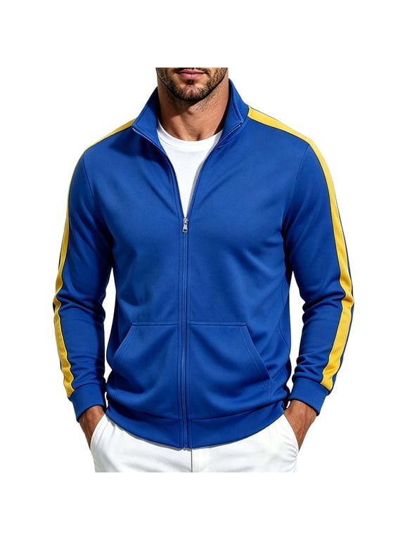 Men Tracksuit Jacket Zip Up Stand Collar Sports Coat Fasion Side Stripe Training Athletic Outerwear with Pockets