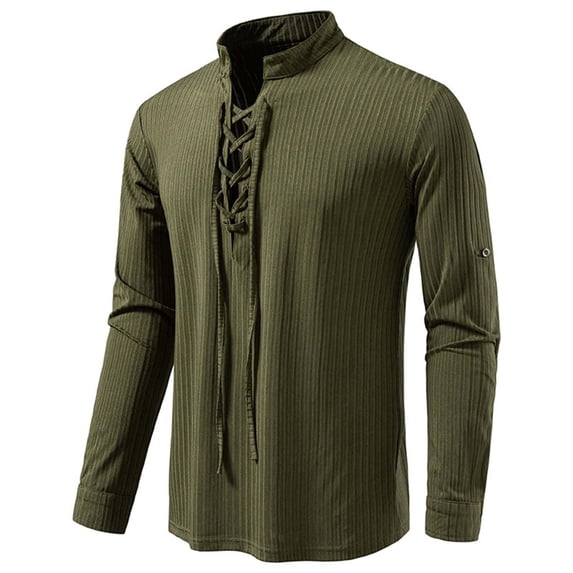 ZGRBOU Men's Medieval Lace Up Stand Collar Shirt Vintage Ribbed Knit Long Sleeve Tops Renaissance Pirate Casual Blouse