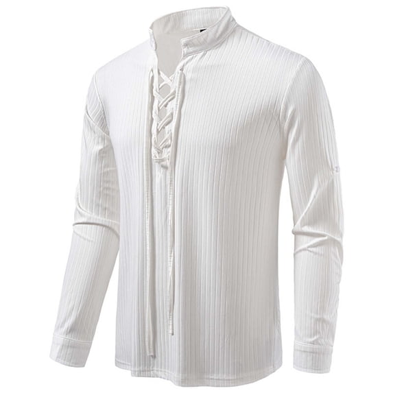 ZGRBOU Men's Medieval Lace Up Stand Collar Shirt Vintage Ribbed Knit Long Sleeve Tops Renaissance Pirate Casual Blouse