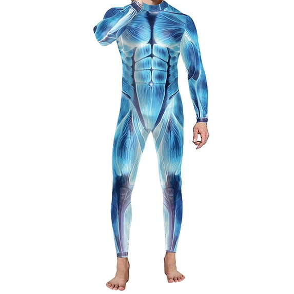 ZGRBOU Men's Muscle Body Suit 3D Digital Printing Tight Full Body Jumpsuit Halloween Cosplay Party Costume