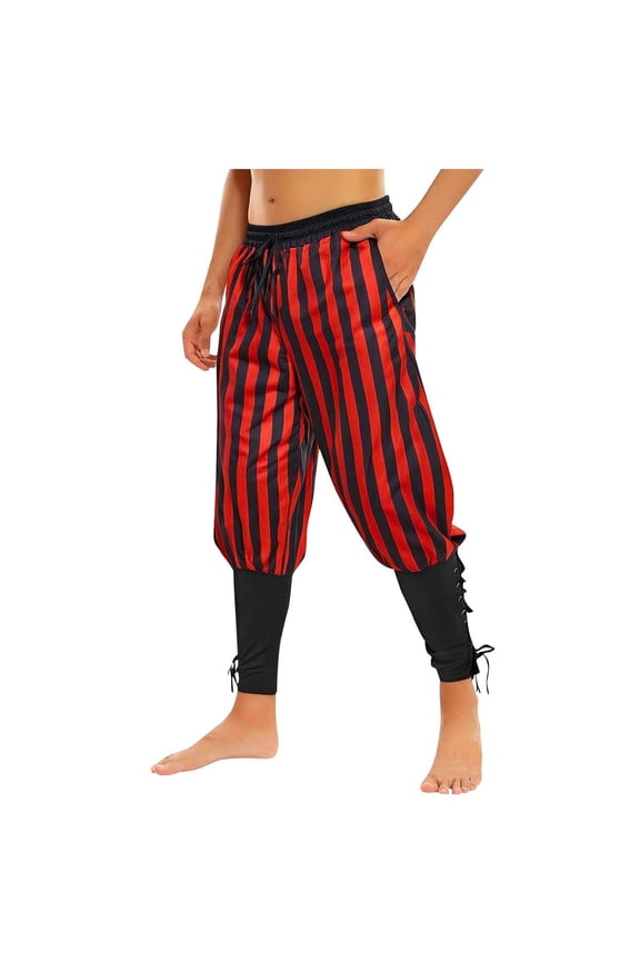 Men's Pirate Pants Medieval Renaissance Viking Costume Striped Patchwork Drawstring Baggy Harem Pants