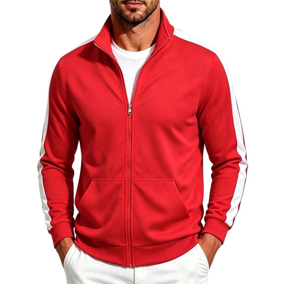 ZGRBOU Men's Track Jacket Side Striped Long Sleeve Jogging Sweat Casual Zip Up Stand Collar Athletic Top with Pockets