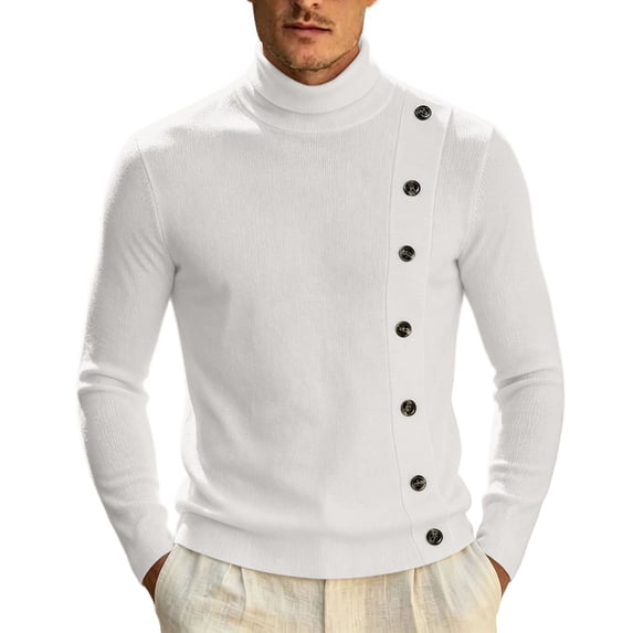 ZGRBOU Men's Turtleneck Ribbed Knit Sweater Asymmetric Button Long Sleeve Jumper Fashion Solid Slim Pullover Tops