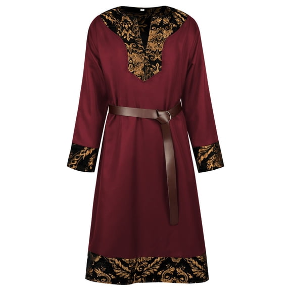 ZGRBOU Men's Viking Tunic Vintage Print Steampunk Warrior Robe Medieval Renaissance Pirate Costume with Belt