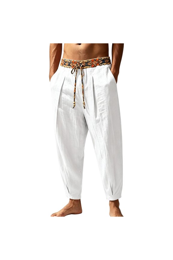 Mens Linen Harem Pants Fasion Boho Print Elastic Waist Drawstring Trousers Casual Wide Leg Tapered Pant