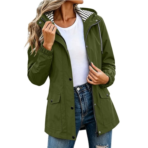 ZGRBOU Rain Jacket for Women Striped Lined Waterproof Lightweight Hooded Rain Coats Outdoor Windbreaker Raincoat Plus Size