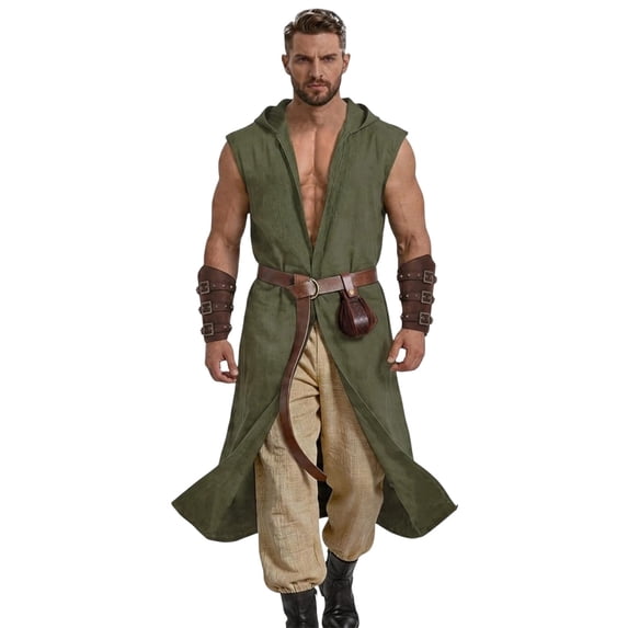 ZGRBOU Renaissance Costume for Men Medieval Viking Hooded Sleeveless Surcoat Tunic Set for Halloween Cosplay Five Piece Set