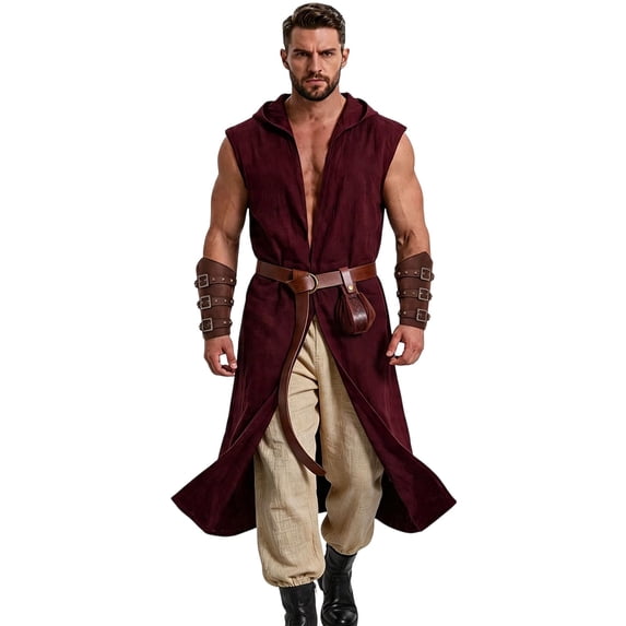 ZGRBOU Renaissance Costume for Men Medieval Viking Hooded Sleeveless Surcoat Tunic Set for Halloween Cosplay Five Piece Set