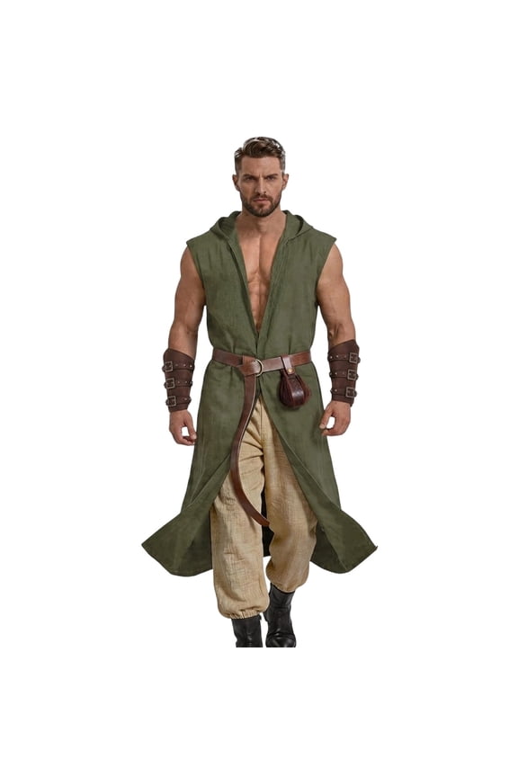 Renaissance Costume for Men Medieval Viking Hooded Sleeveless Surcoat Tunic Set for Halloween Cosplay Five Piece Set