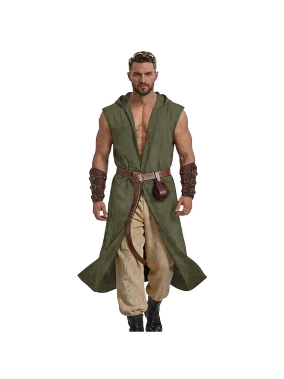 Renaissance Costume for Men Medieval Viking Hooded Sleeveless Surcoat Tunic Set for Halloween Cosplay Five Piece Set