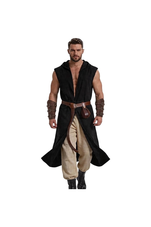 Renaissance Costume for Men Medieval Viking Hooded Sleeveless Surcoat Tunic Set for Halloween Cosplay Five Piece Set