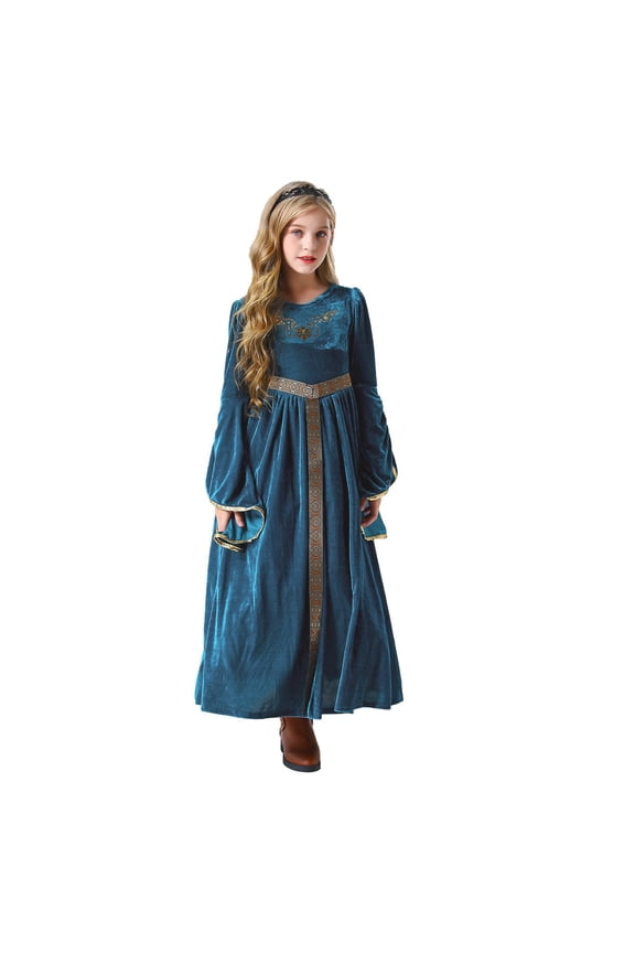Renaissance Faire Dress for Girls Velvet Flared Long Sleeves Medieval Victorian Fancy Costume Halloween Dress Up Robe