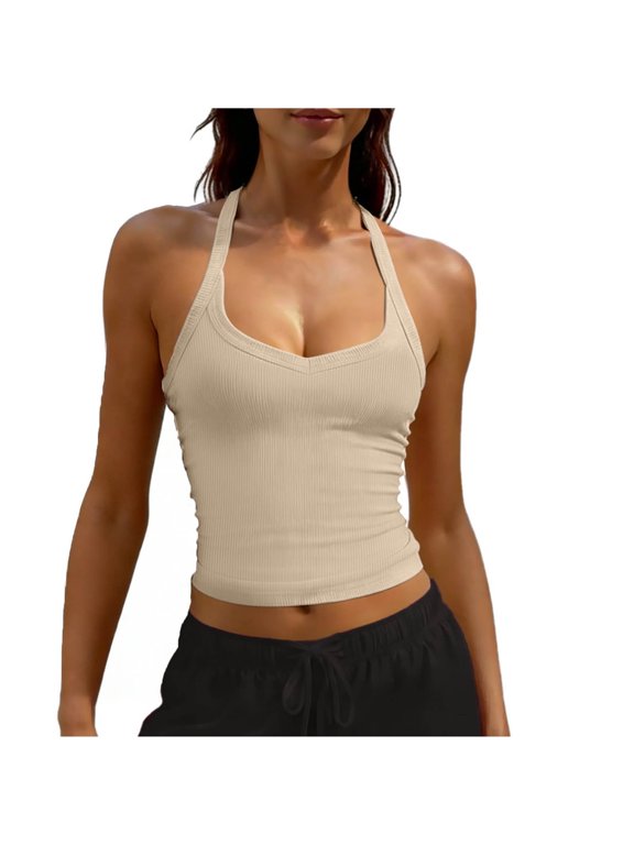 Ribbed Tank Tops for Women Halter Neck Backless Cropped Camisole Sleeveless Stretchy Slim Fit Basic Layering Cami