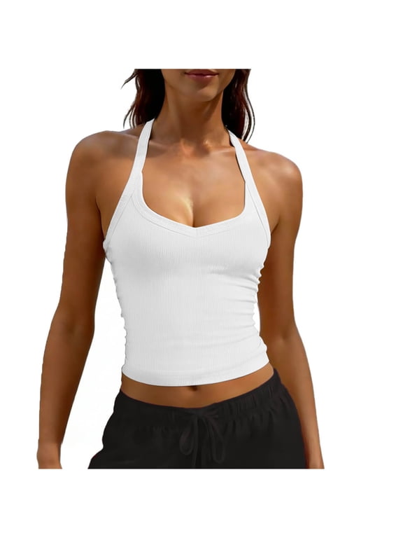Ribbed Tank Tops for Women Halter Neck Backless Cropped Camisole Sleeveless Stretchy Slim Fit Basic Layering Cami
