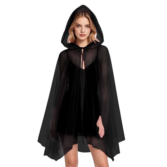 ZGRBOU Sheer Tulle Hooded Cape Lightweight Transparent Drawstring Hooded Cloak Halloween Witch Cosplay Costumes