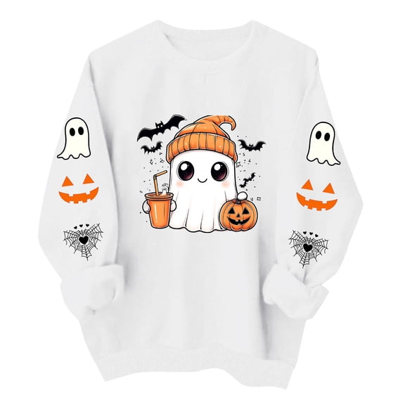 ZGRBOU Spooky Season Sweatshirt for Women Casual Cute Ghost Print Pullover Fall Long Sleeve Crewneck Loose Tops