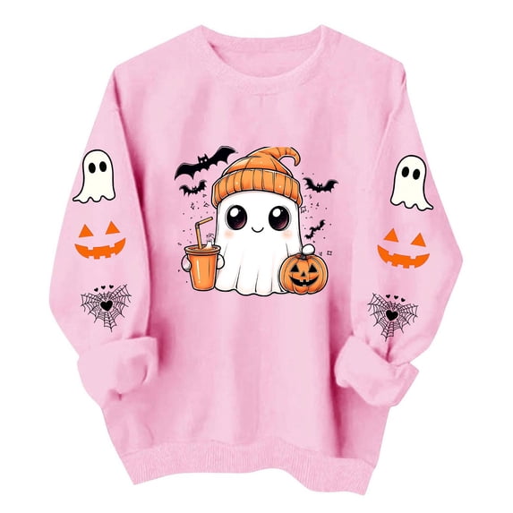 ZGRBOU Spooky Season Sweatshirt for Women Casual Cute Ghost Print Pullover Fall Long Sleeve Crewneck Loose Tops