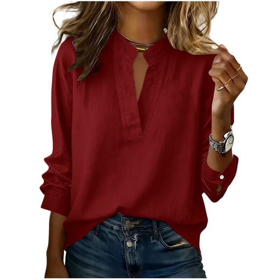 ZGRBOU Summer Cotton Linen Shirts for Women Trendy V Neck Long Sleeve Tops Business Casual Loose Comfy Blouses