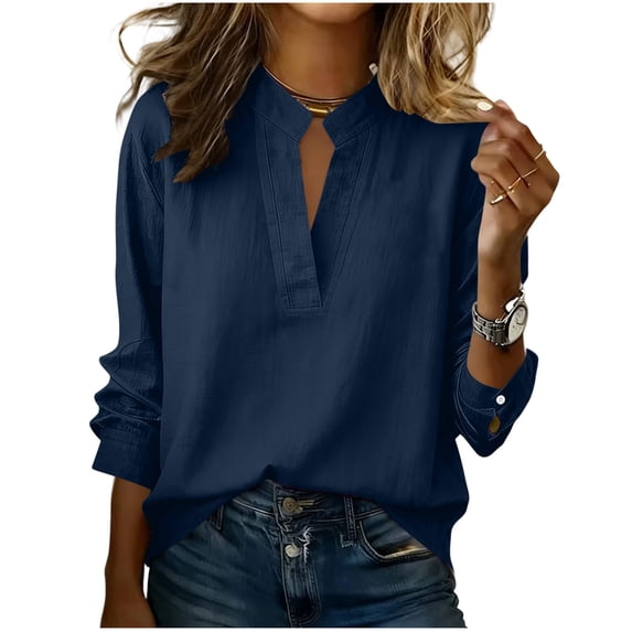 ZGRBOU Summer Cotton Linen Shirts for Women Trendy V Neck Long Sleeve Tops Business Casual Loose Comfy Blouses