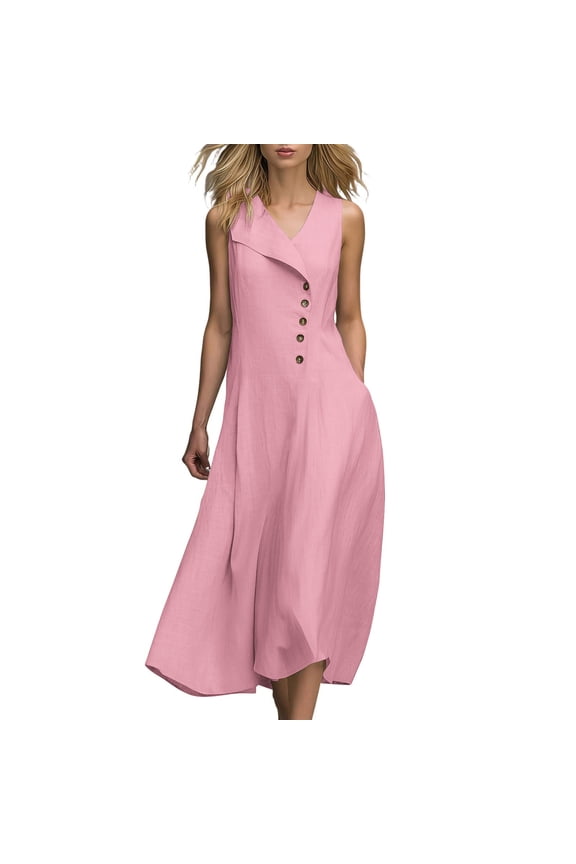 Summer Dress for Women Lapel V Neck Sleeveless Dresses Asymmetrical Button A line Midi Dresses With Pockets