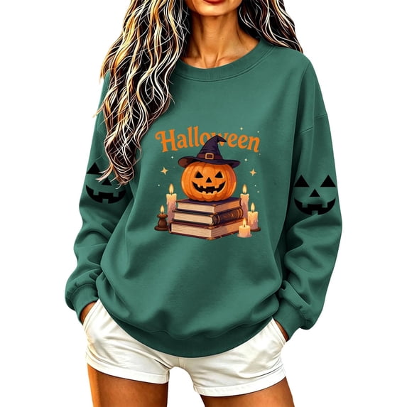 ZGRBOU Sweatshirts for Women Cute Ghost Reading Books Print Shirts Fall Crew Neck Long Sleeve Pullover Tops 2026