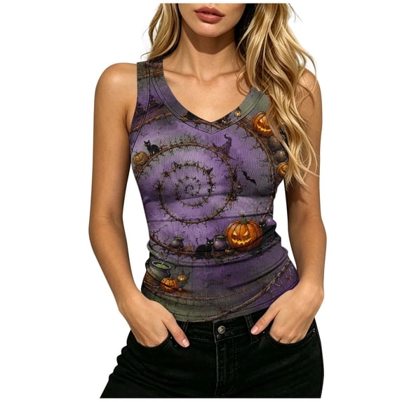 ZGRBOU V Neck Ribbed Knit Tank Tops for Women Funny Witch Scene Print Shirts Gothic Holiday Sleeveless Tee
