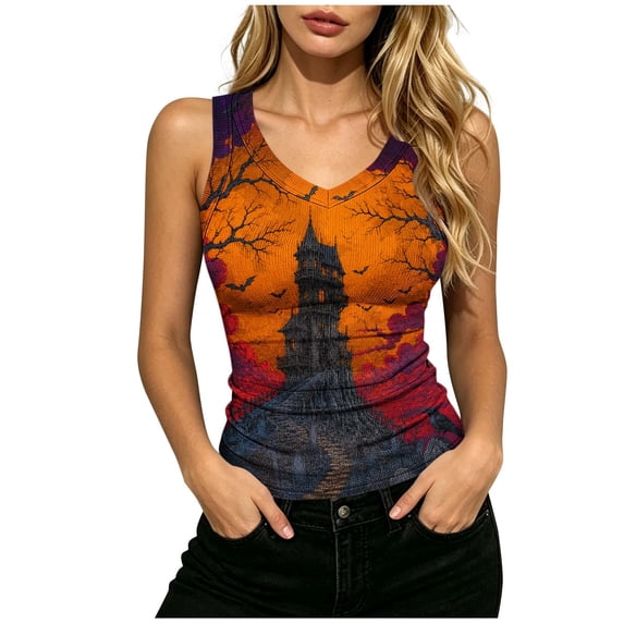 ZGRBOU V Neck Ribbed Knit Tank Tops for Women Funny Witch Scene Print Shirts Gothic Holiday Sleeveless Tee