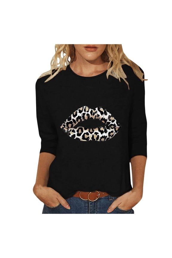 Women 3/4 Sleeve Leopard Lips Print T-Shirt Fasion Crew Neck Loose Top 2026 Casual Comfy Basic Tees
