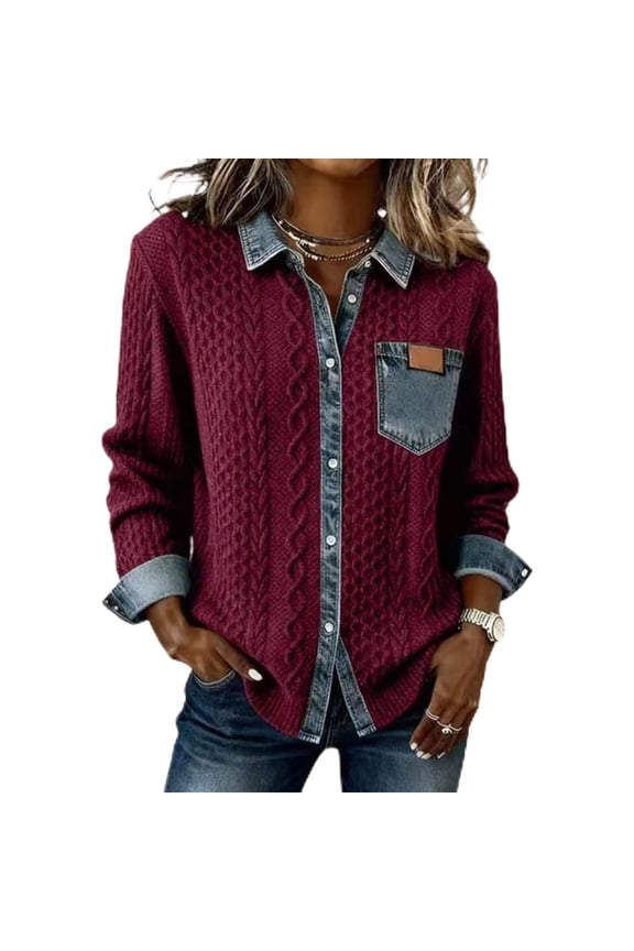 Women Denim Patchwork Knit Sweater Long Sleeve Button V Neck Pullover Fall Winter Casual Retro Loose Tops