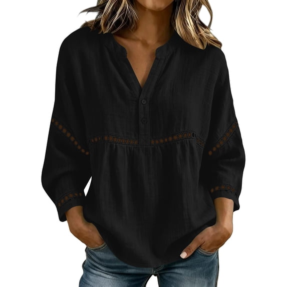 ZGRBOU Women Eyelet V Neck Button Down Shirt Casual 3/4 Puff Sleeve Cotton Blouse Summer Loose Boho Beach Vacasion Tops