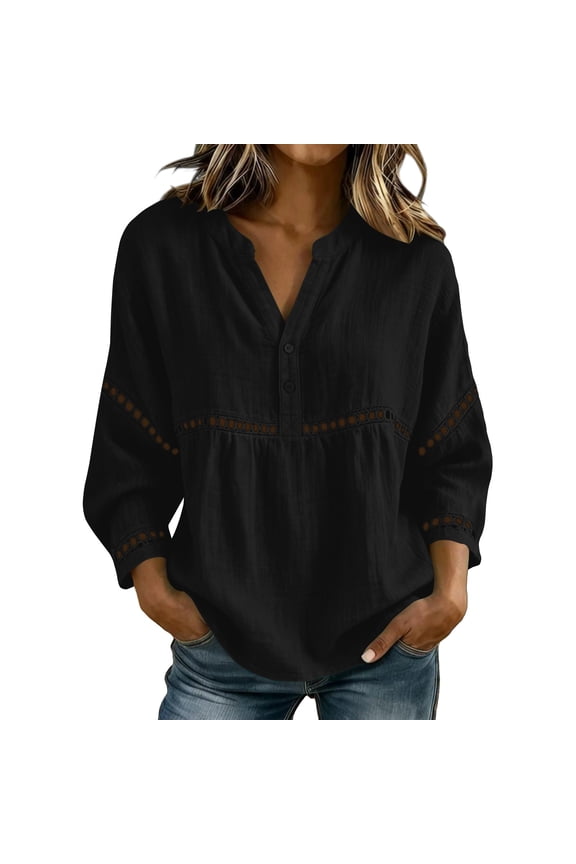 Women Eyelet V Neck Button Down Shirt Casual 3/4 Puff Sleeve Cotton Blouse Summer Loose Boho Beach Vacasion Tops