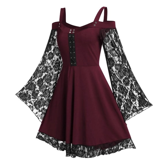 ZGRBOU Women Gothic Lace Patchwork Dress Vintage Flare Sleeve Cold Shoulder Witch Dresses Plus Size Swing Party Costume