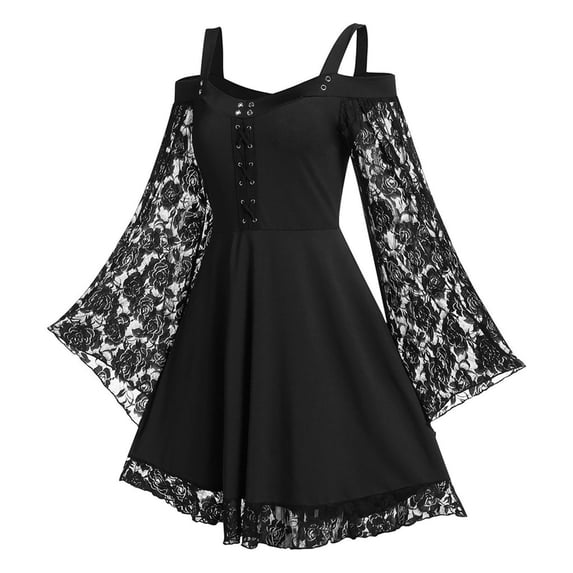 ZGRBOU Women Gothic Lace Patchwork Dress Vintage Flare Sleeve Cold Shoulder Witch Dresses Plus Size Swing Party Costume
